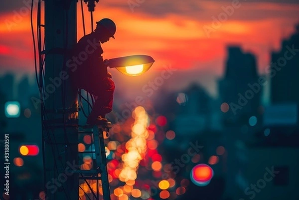 Fototapeta A Worker Adjusts a Streetlight Against a Stunning Sunset Backdrop