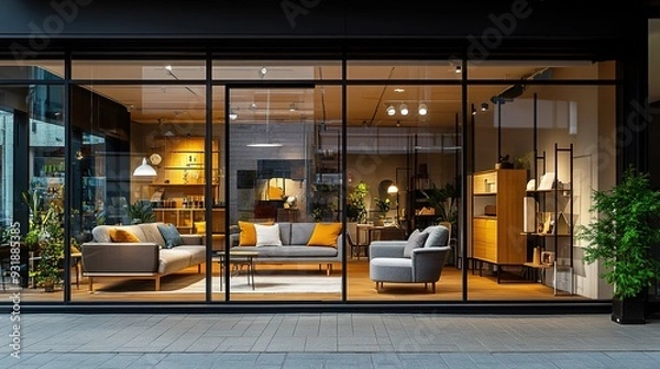 Fototapeta A furniture store storefront with large glass windows displaying stylish living room setups and home decor items