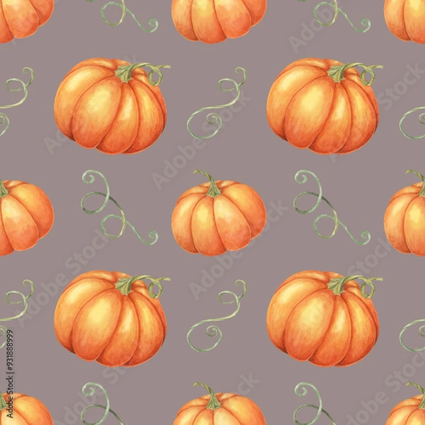 Fototapeta Orange pumpkins and green vines backdrop clipart. Watercolor seamless pattern for use in home decor, event invitations, themed merchandise, and seasonal tableware.