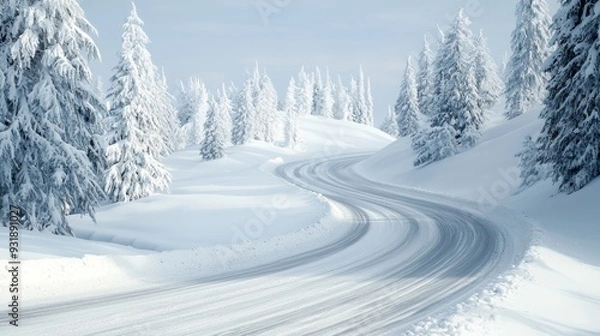 Fototapeta A snowy road with trees in the background. The road is curved and has a lot of snow on it