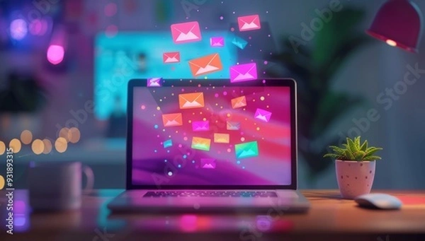 Fototapeta Digital notifications of colorful emails hover above a laptop in a well-lit modern office setting with indoor plants