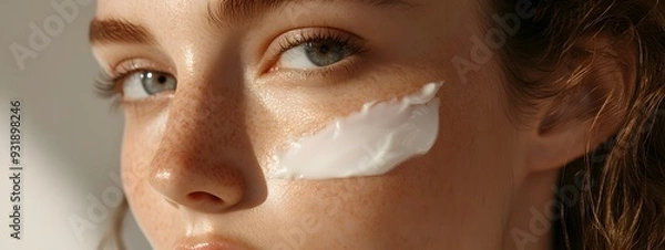 Fototapeta A close-up shot of the model applying cream to her face, highlighting its gentle texture and soothing effect on the skin's health