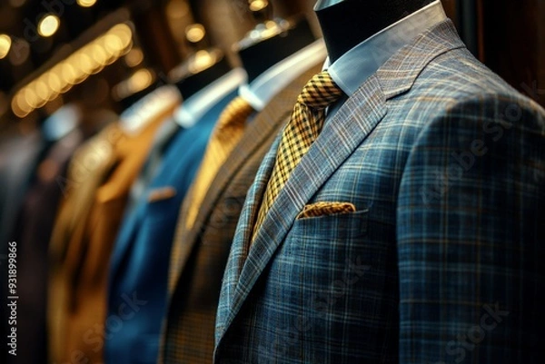 Fototapeta A row of mannequins wearing tailored suits in various colors and patterns
