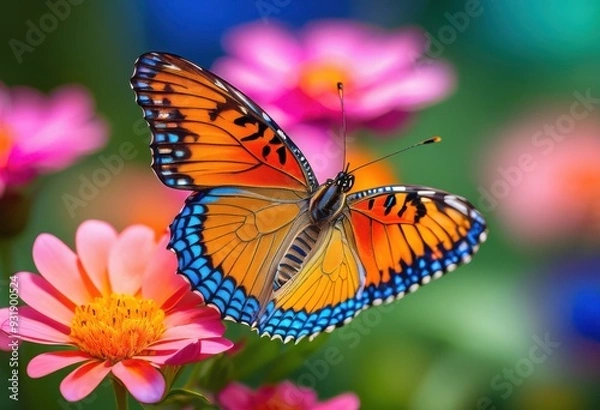 Fototapeta vibrant butterfly wings resting colorful flower petals lush garden setting, pollinator, nature, insect, flora, blossom, bright, delicate, beauty, leaves