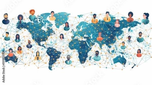 Fototapeta Global network of scientists connected by digital lines and world map cartoon Vector Illustration