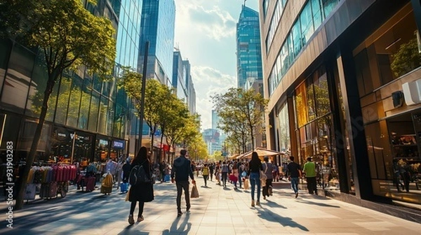 Fototapeta bustling commercial district with modern office buildings, retail stores, and busy sidewalks filled with pedestrians and street vendors, highlighting the dynamic urban environment