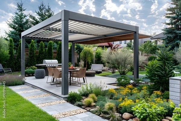Fototapeta Modern Outdoor Living Space with Pergola and Lush Landscaping