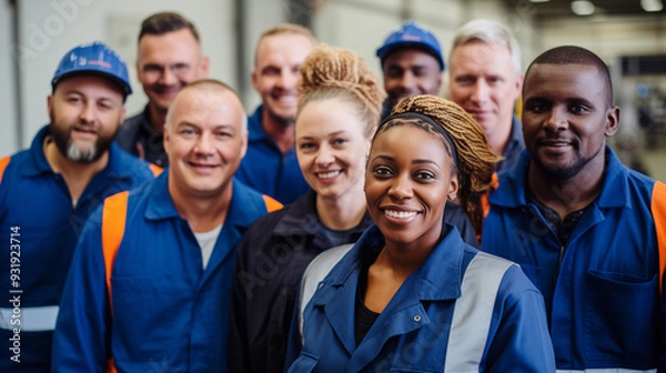 Fototapeta Diverse group of industrial workers smiling and standing together in a factory