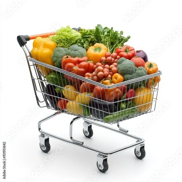 Fototapeta A transparent background is used to isolate a shopping cart full of fruits and vegetables