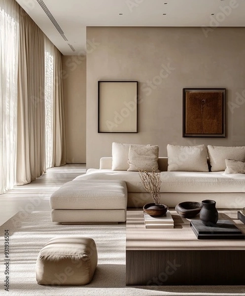 Obraz A contemporary living room with a neutral color palette, featuring a large sofa, a coffee table with a few decor items, and a clean, minimalist design.