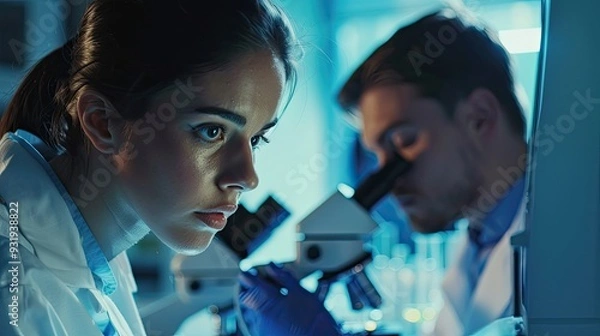Fototapeta Attractive young female scientist and her male supervisor pipetting and microscoping in the life science research laboratory biochemistry genetics forensics microbiology
