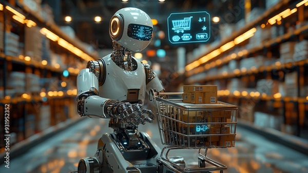 Fototapeta Sales discounts season black friday digital retail, robot doing shopping using internet