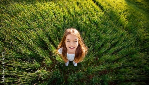 Obraz Ein Mädchen inmitten von einem grünen Feld schaut erstaunt nach oben; Aufnahme von oben