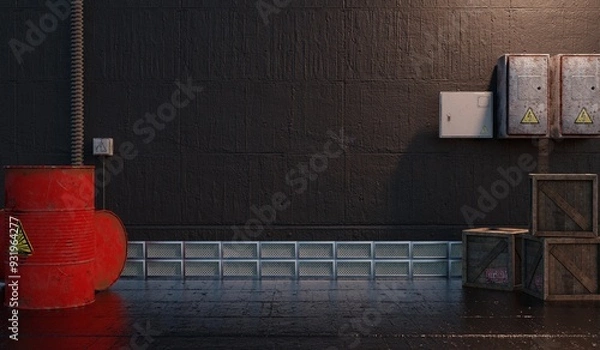 Fototapeta Industrial Room Inside an industrial factory with metal storage tanks, machinery, and a large workshop Background 3D Illustration