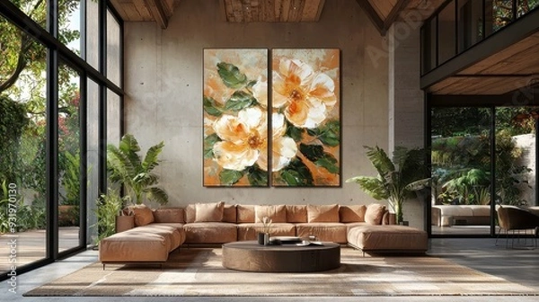 Fototapeta Vibrant Triptych of Roses, a captivating oil painting featuring lush roses and leaves set against a botanical print background, elegantly displayed in a contemporary interior setting.