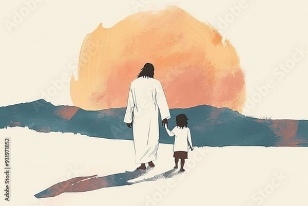 Fototapeta A minimalist drawing of Jesus pointing towards the sky while children gaze up in wonder. The illustration uses soft colors and simple outlines to create a serene and uplifting moment.