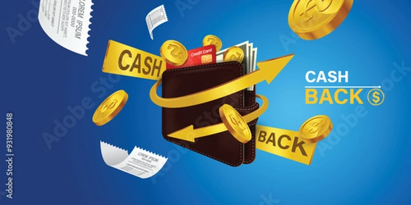 Obraz Cash back credit card with cashback icon and flying coins on blue background. Credit or debit card refund money, online payment, Money-saving, money transfer, coins. 3d vector illustration