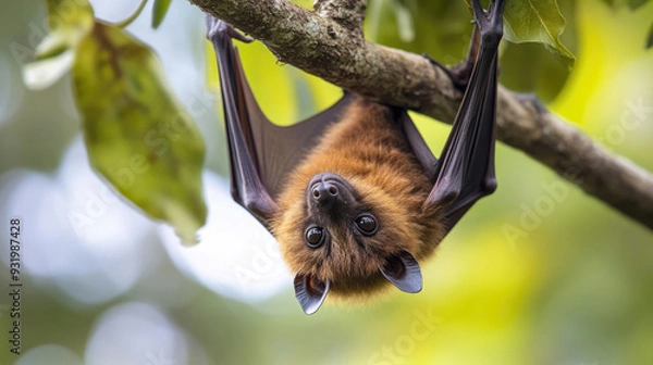 Fototapeta A juvenile flying fox bat hanging from a tree branch.
