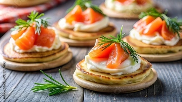 Fototapeta Mini blini pancakes topped with soft cheese, cold smoked salmon, and fresh dill, a traditional and elegant Russian appetizer dish