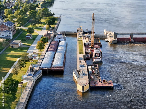 Obraz Locks and Dam 14 on the Mississippi river at Bellevue IA opening the lock so a barge can proceed down river.