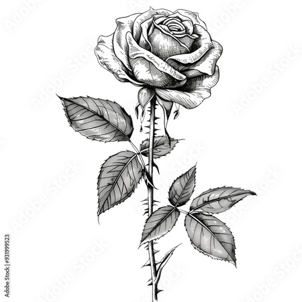 Obraz A black and white rose drawing, pen and ink sketch of a single rose,isolated on a transparent background