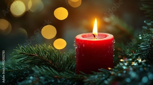 Fototapeta Red candle on pine branch with bokeh