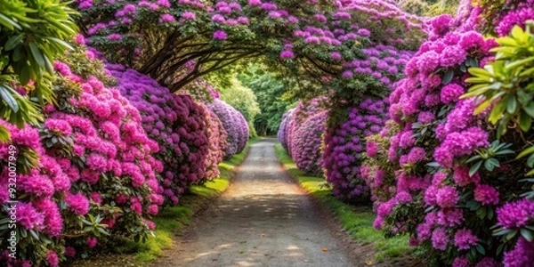 Fototapeta Tunnel of pink and purple rhododendron blooms providing shade for travelers, rhododendrons, tunnel, pink, purple, blooms