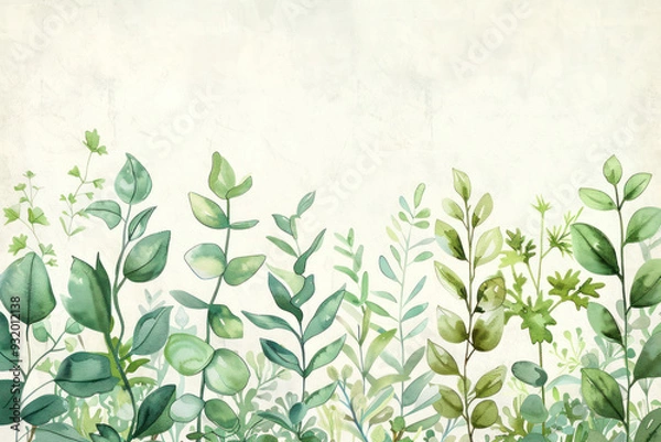 Fototapeta Watercolor illustration of various green plants and leaves arranged in a soft botanical composition for a fresh and natural design concept.