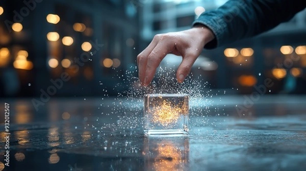 Fototapeta   A hand reaching from a small square object atop a table in front of a building