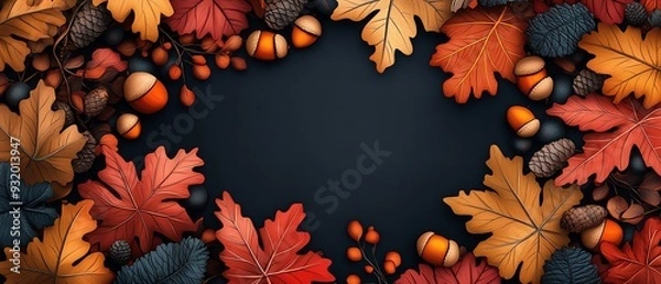 Fototapeta A vibrant autumn background featuring colorful leaves and acorns, perfect for seasonal projects and fall-themed designs.