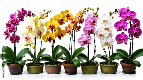 Fototapeta Different Color Dendrobium Orchid Varieties in Pots on White Background - Showcasing Orchid Diversity, Beautiful Blooms, and Elegant Arrangements