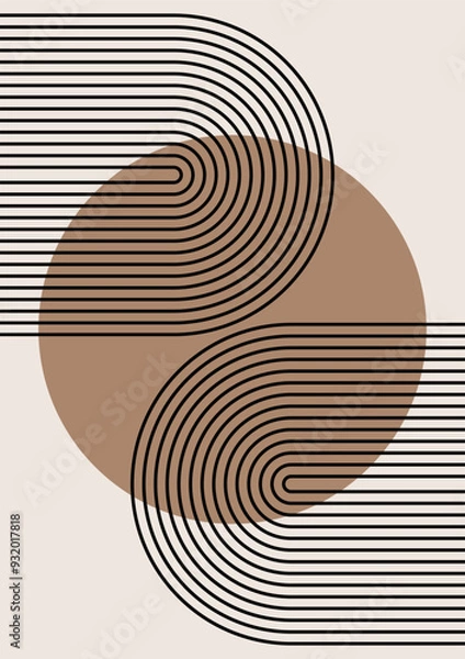 Fototapeta Aesthetic Boho Abstract Prints. Minimal line poster. Boho wall art. Neutral beige brown prints. Mid-century abstract aesthetic background. Vector illustration.