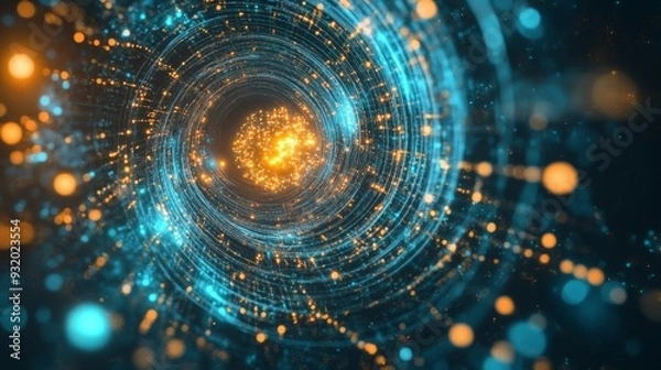 Fototapeta An abstract depiction of AI as a swirling vortex of data, representing the infinite possibilities and complexity of artificial intelligence, with a glowing core in the center