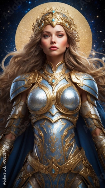 Fototapeta A valkyrie with metallic armor under a celestial sky