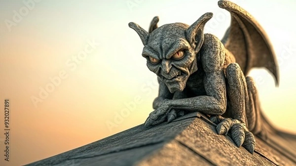 Fototapeta Gothic gargoyle, shadowy rooftop, 3D illustration