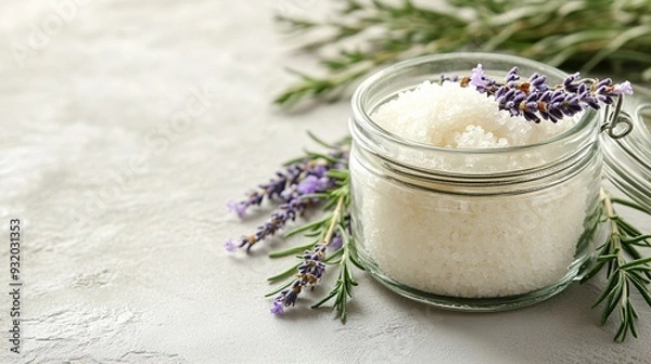 Obraz A detailed shot of herb-infused bath salts in a glass jar, with a few sprigs of lavender and rosemary scattered around. The bath salts are shown with a soft, textured appearance, and the background