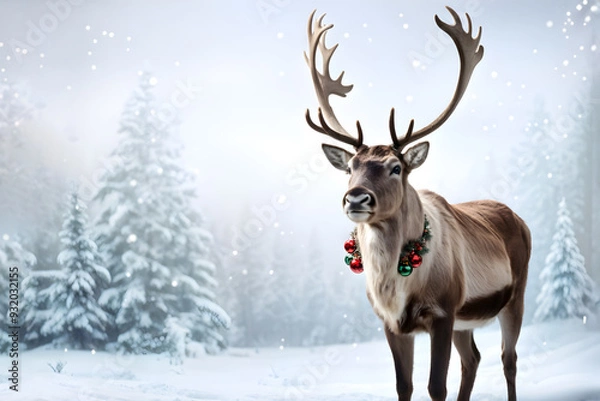 Fototapeta Holiday-themed reindeer in tranquil winter setting with copy space