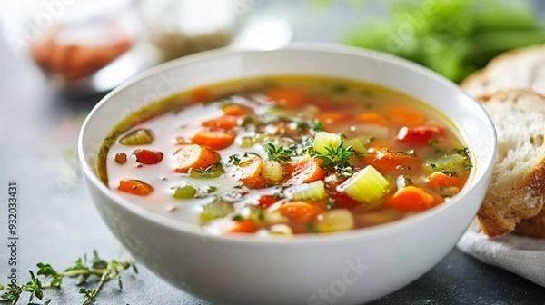Obraz A detailed shot of a bowl of vegetable soup with a variety of colorful veggies like carrots, celery, and bell peppers. The soup is garnished with fresh herbs and served with a slice of whole-grain