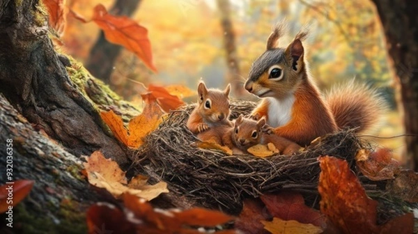 Fototapeta Squirrel Family Nestled in Autumn Leaves