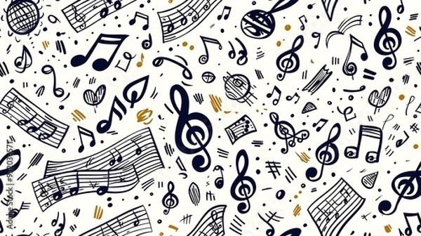 Fototapeta A seamless doodle pattern featuring musical notes, treble clefs, and sheet music, scattered in a rhythmic and harmonious arrangement, black and white with subtle gold accents,