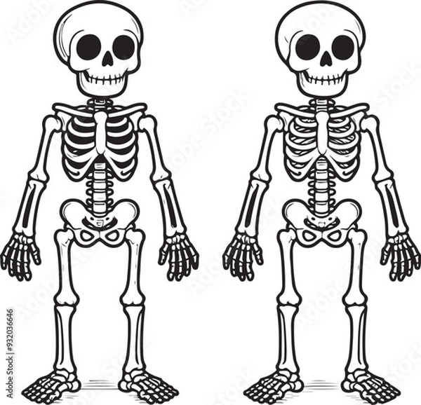 Fototapeta Cartoon Skeleton outlined for coloring book isolated on a white background, Line Drawing of a Dancing Skeleton
