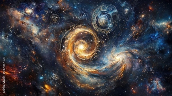Fototapeta A cosmic swirl of stars and galaxies in the backdrop, overlaid with translucent clock gears, evoking the infinite nature of time and space