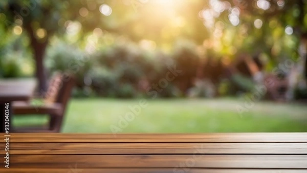 Fototapeta a empty wooden table with blurred garden background