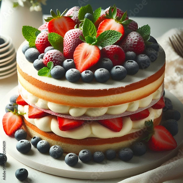 Fototapeta Elegant Raspberry Cheesecake Served with Fresh Mint Leaves and Warm Tea on a Beautifully Set Table