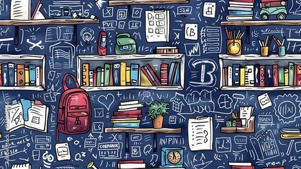 Fototapeta A seamless doodle pattern of a chaotic classroom with desks piled high with books, scattered chairs, backpacks hanging off the backrests, and chalkboards filled with equations,