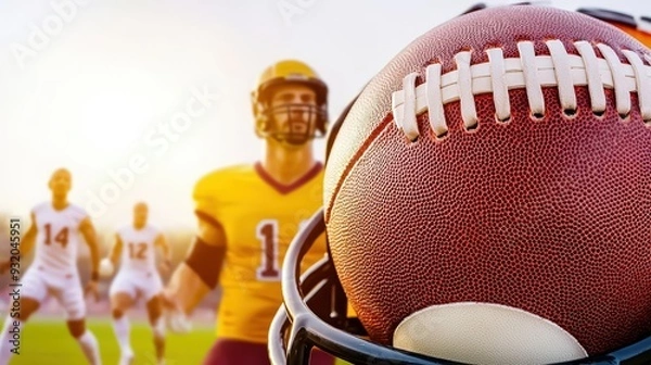 Fototapeta A close-up of a football in focus, with players in action during an outdoor game, capturing the spirit of team sports.