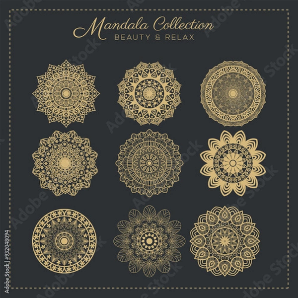Fototapeta Abstract mandala pattern, Geometric shape, Unusual flower shape, golden color mandala design, Flower mandala, black and white mandala, pattern Vector illustration Islam, coloring book page, 
