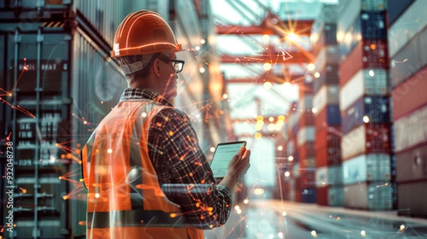Fototapeta A dock worker in a safety vest actively uses a tablet to manage transportation logistics among shipping containers in a bustling port
