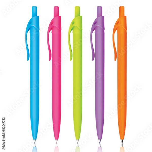 Obraz Collection of plastic ball pens in mix bright colors on white background in vertical composition