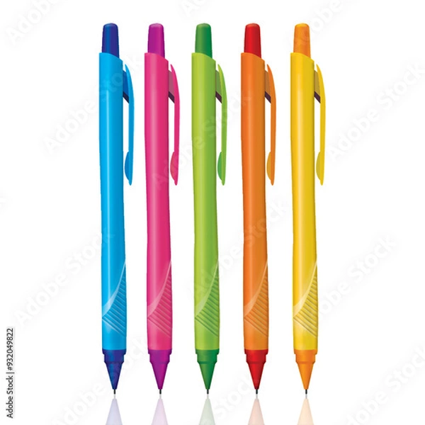 Obraz Collection of plastic ball pens in mix bright colors on white background in vertical composition